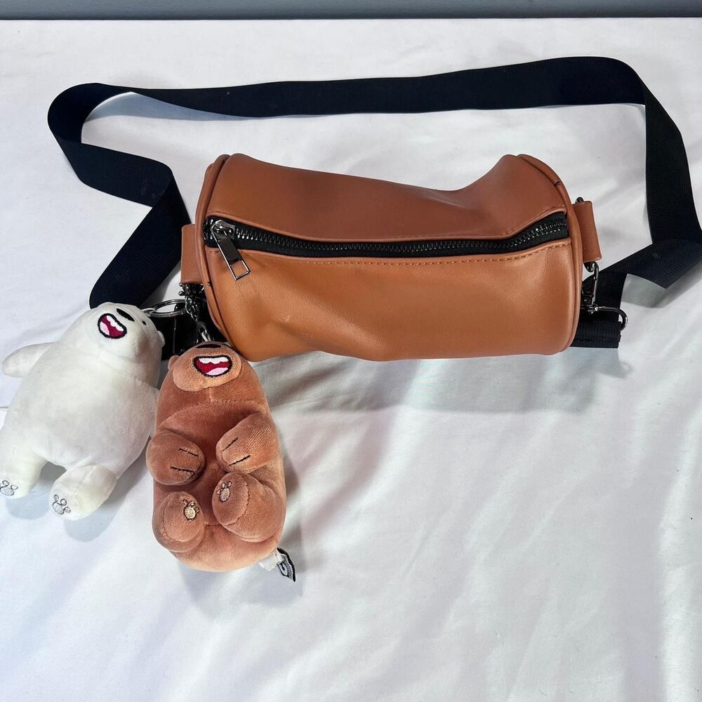 Brown Crossbody Bag with Plush Bear Keychains Cute Casual Shoulder Purse Handbag